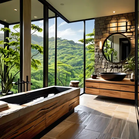 Design a luxurious and modern bathroom with a focus on natural elements. The room features a large black freestanding bathtub and a wooden vanity with a sleek black basin. The walls have a textured, stone-like appearance, creating a dramatic and sophistica...