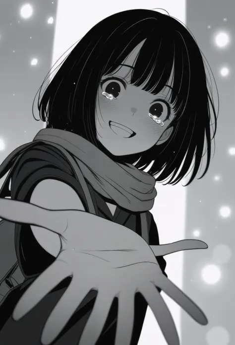 masterpiece, best quality, 1girl, mamerakkkkko, grayscale, manga style, japanese, chi no wadachi, black eyes, street, iced, black hair, schoolbag, smile, lineart, black coat, black scarf, black pleated skirt, leggins, centered, 18 years old, tall, fair ski...