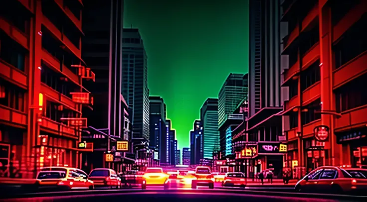 a beautiful night view seen through the windshield of a car. the city is filled with shining neon lights and tall skyscrapers. t...