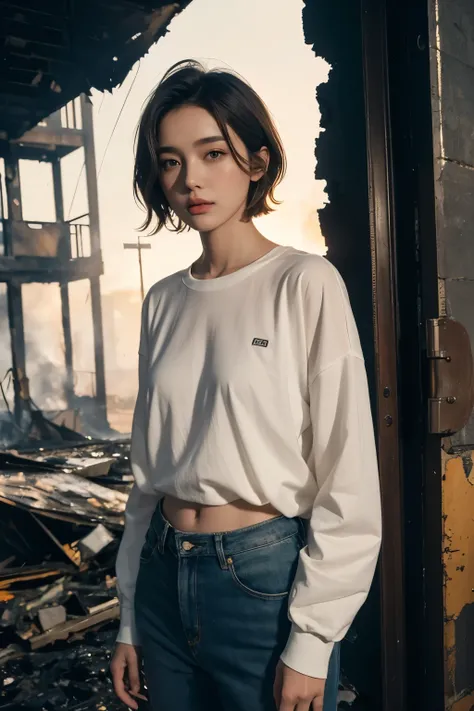 8K, masterpiece, A beautiful woman with short hair standing inside a burning building, Lookbook, 