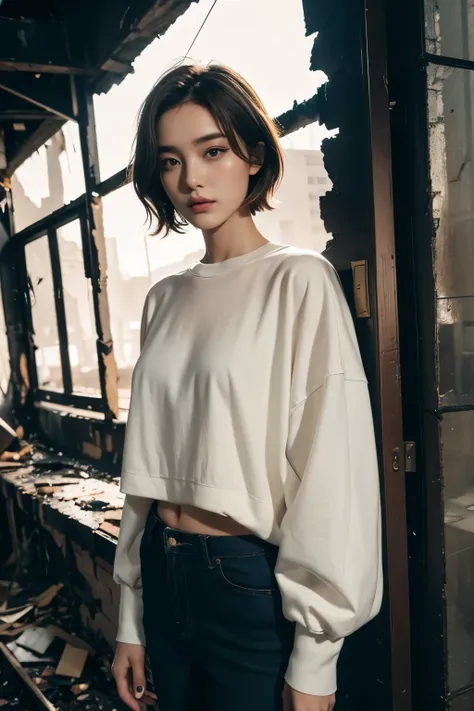 8K, masterpiece, A beautiful woman with short hair standing inside a burning building, Lookbook, 