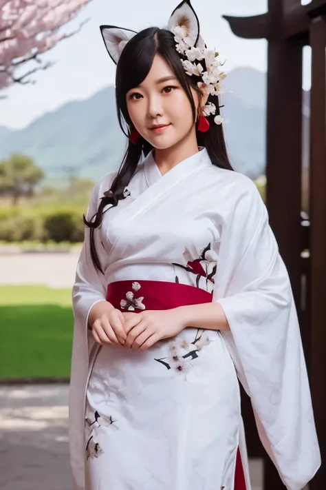 illustration：a young fox shrine maiden stands in front of a traditional japanese torii gate, wearing flowing white and red kimon...