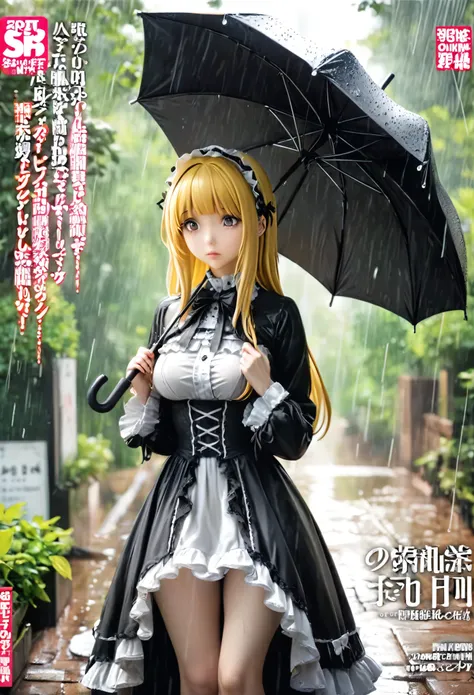 Magazine cover(masterpiece, best quality:1.2), 1 girl holding an umbrella, solitary,blond((Exquisite eyes))((gothic_Lolita))outdoor,rain(HD)((best quality)), ((Surrealism))