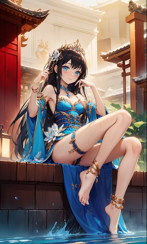 Top quality，Optimal resolution，Princess of an exotic fantasy world，(Wet Princess Dress），Design intricate clothes，blue eyes，Elegant and attractive，((temple，pool，Mist)，Leg ring，Anklets，night，Small Lighting，Glamorous pose，elaborately designed clothes，Beautifu...