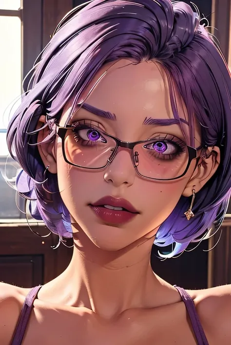 (masterpiece, best quality), 1 girl, JMT,Glasses,Purple Hair,short hair,Purple Eyes,