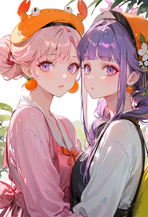 (Maid:1.5),(highest quality,Super detailed,High resolution:1.2),Purple hair girl painting、Glass mandarin orange earrings decorate both ears、One of them has ocean pink purple eyes、One of them has ocean pink red eyes、((One has short red hair))、((Two beautifu...