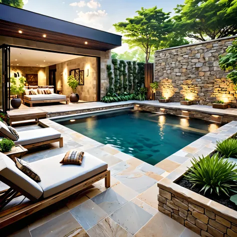 Create a luxurious and modern courtyard scene with a natural pool. The setting should feature a combination of rustic stone walls and contemporary furniture. Include lush greenery, wooden sun loungers with soft cushions, and a comfortable seating area with...