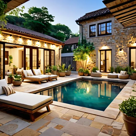 Design a cozy and rustic courtyard with a natural pool. The space should have stone walls that give a charming, aged appearance. Include wooden sun loungers with comfortable cushions, a small dining table with chairs, and various potted plants. The lightin...