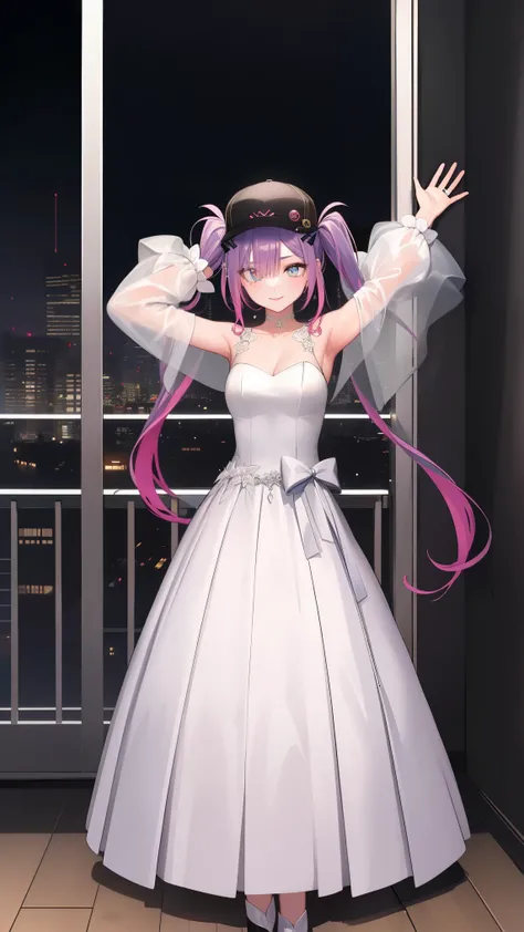 aatowa, long hair, twintails, black headwear, baseball cap, fake horns, hairclip, piercing, demon tail,
BREAK (transparent tulle wedding dress with long sleeve and long tail:1.2),
BREAK (Night:1.7), Japan, cyberpunk, CityView, Before Window, Standing at at...