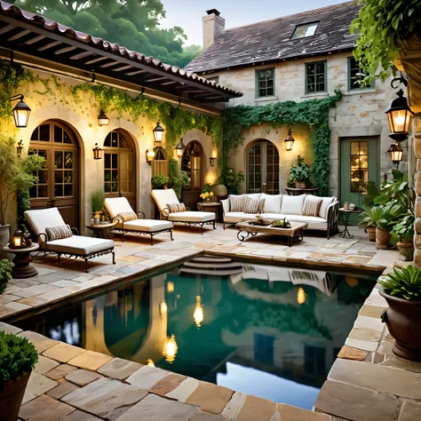 generate a vintage-inspired courtyard scene featuring a natural pool. the courtyard should have weathered stone walls and antiqu...