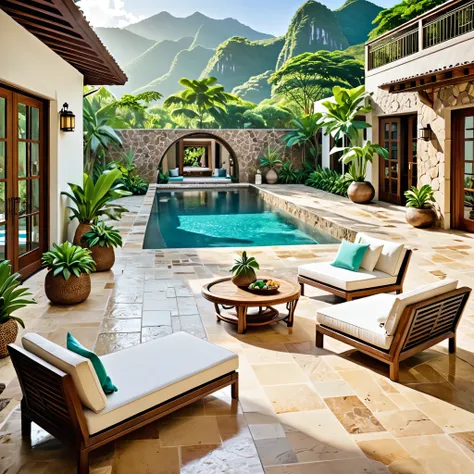 Create a luxurious and tropical courtyard with an inviting pool. The setting should feature rustic stone walls, large wooden doors, and a view of lush greenery and mountains in the background. Include comfortable outdoor seating with woven rattan chairs, a...