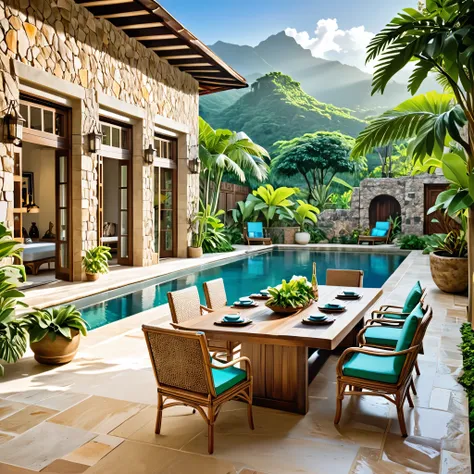 Create a luxurious and tropical courtyard with an inviting pool. The setting should feature rustic stone walls, large wooden doors, and a view of lush greenery and mountains in the background. Include comfortable outdoor seating with woven rattan chairs, a...
