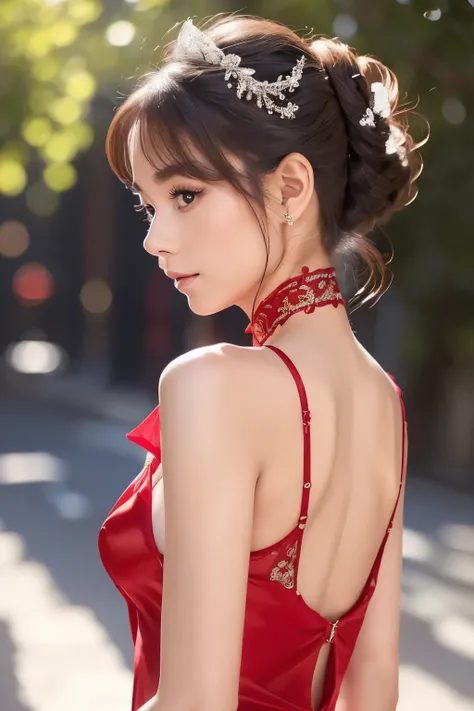 8K、 (A super sexy outfit in a sheer red color made of shiny silk), Enchanting Girl, Very detailed,Audrey Hepburn, Exquisite decorative details 、Pastel tones 、 Very intricate details 、 Realistic Light,Luxury Bridal Dress,(((sideboob)))、From the side、Elegant...