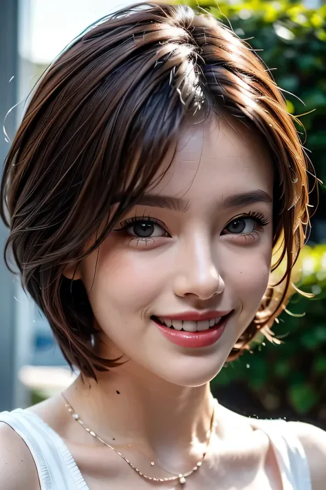 (8K, RAW Photos, Highest quality, masterpiece, Realistic, Realistic), (1 female), (The ultimate beautiful mature woman), Highly detailed face, (Perfect Teeth), Beautiful Eyes, double eyelid, eyelash, ((smile)), Lip details, (Neat brunette bob), The light s...