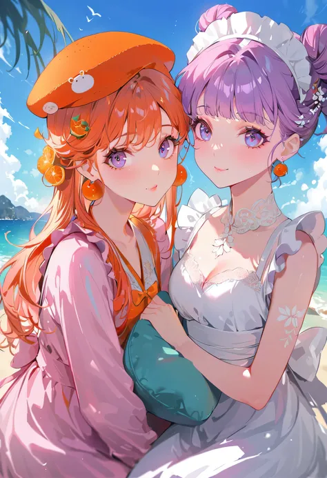 (Maid:1.5),(highest quality,Super detailed,High resolution:1.2),Purple hair girl painting、Glass mandarin orange earrings decorate both ears、One of them has ocean blue eyes、One of them is wearing a crab hat、((One has short red hair))、((Two beautiful girls w...