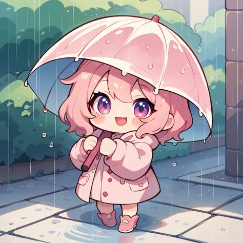 A cute little girl，wearing a pink rain coat，Wearing pink wellies，Holding a transparent umbrella，On the sidewalk on a rainy day，A happy smile on the face，chibi，Anime style