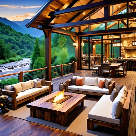 Create a luxurious lodge-style outdoor space with a breathtaking mountain view. The setting should include a wooden deck with comfortable seating featuring plush cushions and rustic wooden tables. Add a mix of natural and warm lighting to enhance the cozy ...