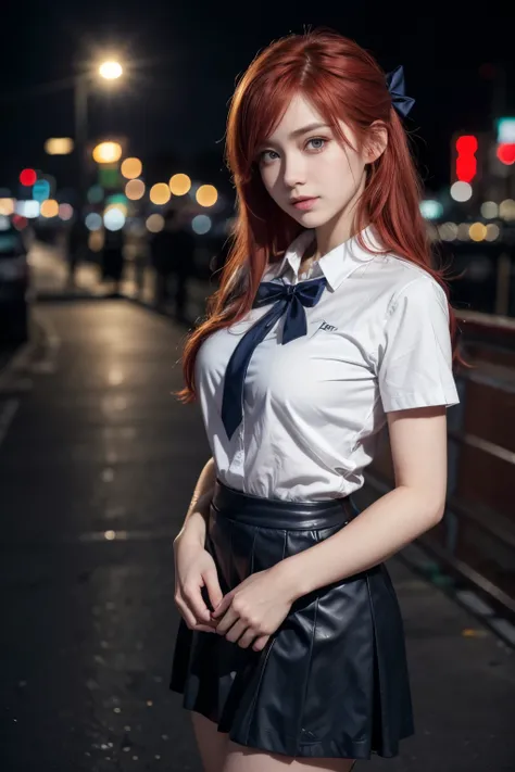 (8k, RAW photo, best quality, mastery:1.3),(realistic,photo-realistic:1.37),(day),(looking viewer:1.331),(red hair),posing,new york street,nightcityscape,cyberpunk city,soft light, 1girl, extremely beautiful face, perfect body proportions, half naked, foca...