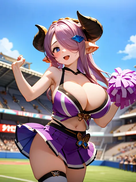 masterpiece,girl, granblue fantasy, narmaya, cheerleading, short, (huge breasts), cheer costume, cheering,