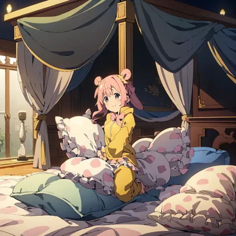 (masterpiece,best quality),my own , (Light and shadow suitable for any Pillow background)), Cute girl in pajamas posing on Pillow ,pajamas,Nature,, (blush),a smile,Pillow Head,(Lots of Pillow),Soft cushion,(canopy bed),Soft pillow quotation,(Pillow damage)...