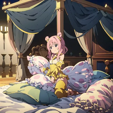 (masterpiece,best quality),my own , (Light and shadow suitable for any Pillow background)), Cute girl in pajamas posing on Pilloww ,Nature,, (blush),a smile,Pillow Head,(Lots of Pillow),Soft cushion,(canopy bed),Soft pillow quotation,(Pillow damage),Lots...