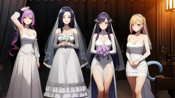 aatowa, long hair, twintails, fake horns, hairclip, piercing, demon tail,
BREAK (transparent tulle wedding dress with long sleeve and long tail:1.5),
BREAK (Night:1.7), Japan, cyberpunk, CityView, Before Window, Standing at attention,expressive eyes,seduct...