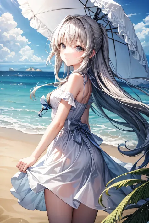 masterpiece, highres, beautiful landscape, high detailed, 1 girl, mid-ground character, beach, studio light, depth of field. The girl stands on the beach with her colorful umbrella, looks at viewer with a smile. She ưears a white beautiful dress, her hair ...