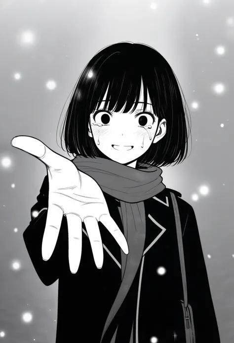 masterpiece, best quality, 1girl, mamerakkkkko, grayscale, manga style, japanese, chi no wadachi, black eyes, street, iced, blac...