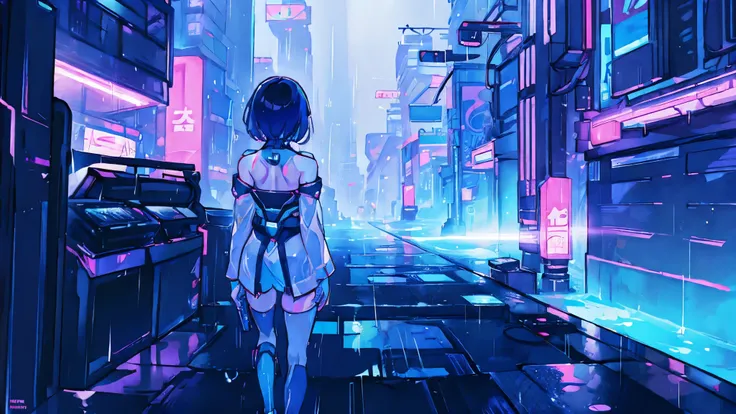 woman、Back view、Neon City、Cyberpunk City, Futuristic, heavy rain, 8K, アニメ壁紙 8K, Absurd, Super sharp, night, street, Japan, Blue atmosphere, raindrop, Rain-soaked body