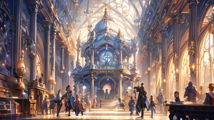 Library of the School of Magic　aze, Thomas Kinkade, Aaron Wiesenfeld、Beksinki、Adrian Eversen、Gedimins Plankevicius、Escher, Intricately refined textures, Matte painting details, Deep Color, wonderful, Intricate details　young wizards at the Royal Academy of ...