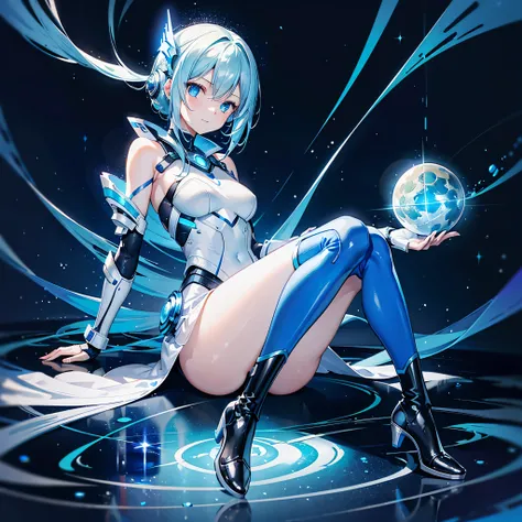 8K, Highest quality, (real:1.4), Original photo, 1 girl, Asari Hair, Biological Amplifier, Very sleek and futuristic armor, posture: Peace talks between warring factions,,attention arousal, smart blue eyes,A modest smile,Knee-high boots,Patent-look blue ti...