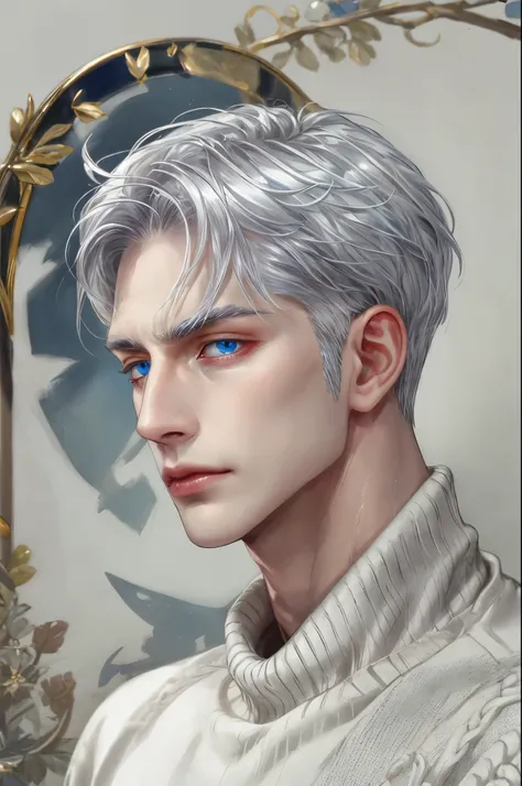 Boy, silver hair, blue eyes, serious sharp features, white skin, shiny lips, handsome, perfect, sweater