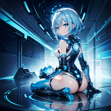 8K, Highest quality, (real:1.4), Original photo, 1 girl, Asari Hair, Biological Amplifier, Very sleek and futuristic armor, posture: Peace talks between warring factions,,attention arousal, smart blue eyes,A modest smile,Knee-high boots,Patent-look blue ti...