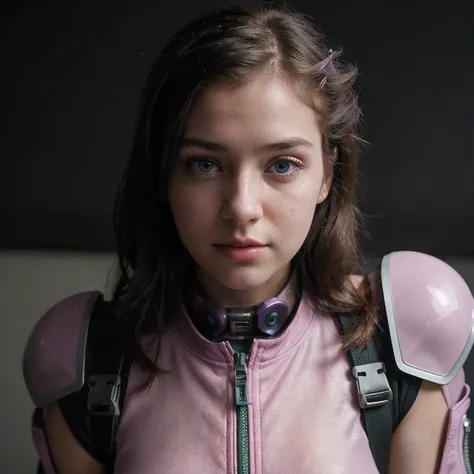 photo of a college student, purple pink, futuristic space suit, (freckle:0.8) cute face, science fiction, dystopia, delicate eye...