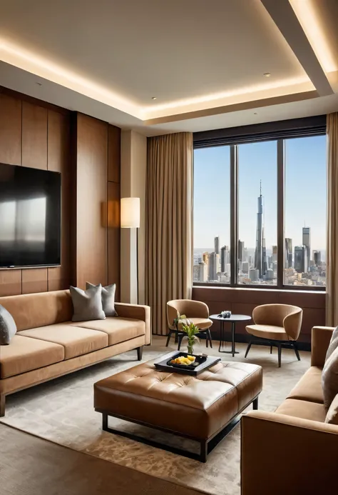 A modern hotel suite with a sleek and minimalist design, offering a panoramic view of a bustling city skyline. The room is bathed in soft, warm light, creating a cozy and inviting atmosphere. A large window frames the cityscape, while a comfortable brown s...