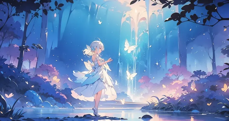 glowing fairies, beautiful girl in a sparkling delicate white dress, glowing lights, fireflies, glowing butterflies, Fairytale Creatures, watercolor illustration, bright pastel colors, Dreamy, Colorful, bizarre, magic, masterpiece, Best quality, sharp focu...