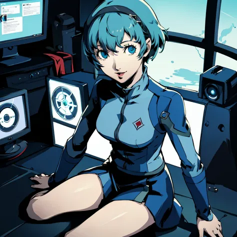 ((p3 yamagishi fuuka)),masterpiece, ((best quality)),((1 girl)), blue eyes, light aqua hair, female , tomboy pixie haircut, deep...