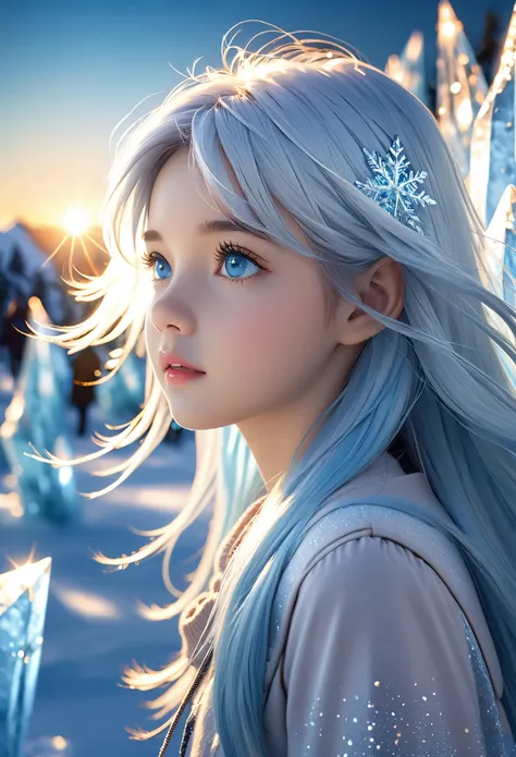 beautiful, a little girl, in the crystal and ice area , fluttering ice and snowing, ice crystals, streaked hair, sliver hair, sk...