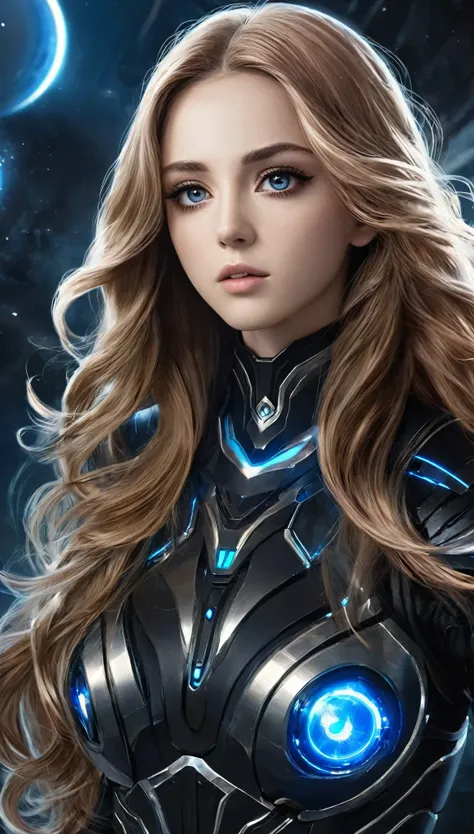 big black eyes, aura, long wavy hair of light brown color,, black and blue sci-fi armor, sf wind, high quality, atmosphere, war,...