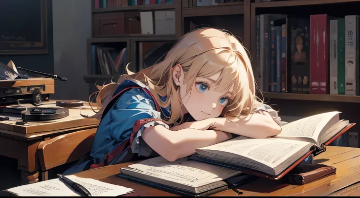 (masterpiece, best quality), Alice(Alice in Wonderland), studying on a desk, writing something on a notebook, listening to a record player