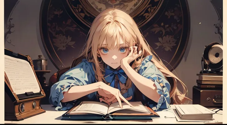 (masterpiece, best quality), Alice(Alice in Wonderland), studying on a desk, writing something on a notebook, listening to a record player, beautiful