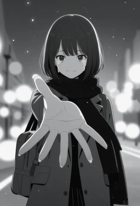 masterpiece, best quality, 1girl, mamerakkkkko, grayscale, manga style, japanese, chi no wadachi, black eyes, street, iced, black hair, schoolbag, smile, lineart, black coat, black scarf, black pleated skirt, leggins, centered, 18 years old, tall, fair ski...