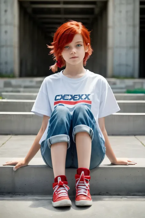 A 12-year-old genius , ((DNA)), with a striking combination of red and white hair, ((concrete CEMEX)), and striking blue eyes. Her red hair has subtle white highlights, ((learning from children)), with a playful messiness to it. Her attire is casual, weari...