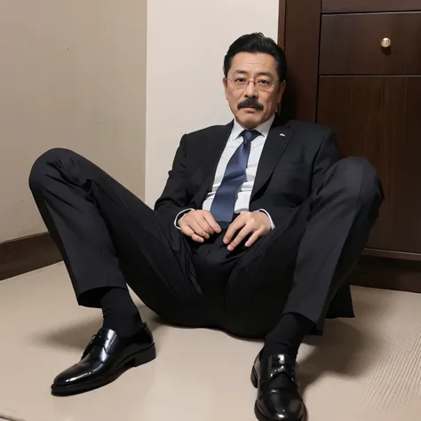 55 years old，Kogoro Mori，uncle，，Convex，in office，Wear black socks，anti-slip leather shoes，beard，toughness，Drooling in the mouth，HD，artwork，Charming and sexy expression pose，full of enjoyment，Very shy，exposed，Spread your legs and straighten them，Wear a suit...