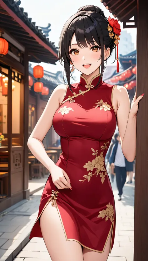 A beautiful woman, city,(standard silk cheongsam), (flower chignon), (gold embroidery thread), (slik), outdoor chinese restaurant, open mouth smile, ((black hair)), little blush, side, (breast), Reflecting the buttocks