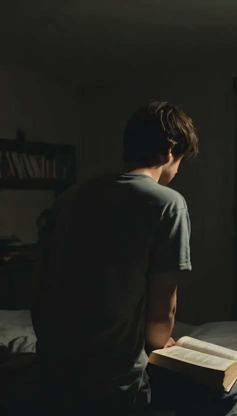 23 years old, male, Image from behind the character while reading in a dark room