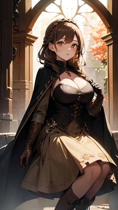 (Best quality, dynamic lighting, highly detailed, HDR) beautiful witch, medieval vibe, short light brown hair, braided hair, flowery accessories, black long coat, long brown skirt, tight beige tanktop, cleavage, busty girl, leather gloves and boots.