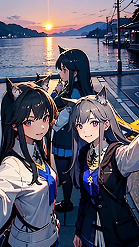 4 Girls，Takayama，Sunset，breeze，Hoodie，Selfie，Smile；Standing at the end，Sailor Suit，Profile，Poker face；shirt，sit on the floor，Look at the camera，Smile；On one of the shoulders，Look at the camera，Biye，Smile