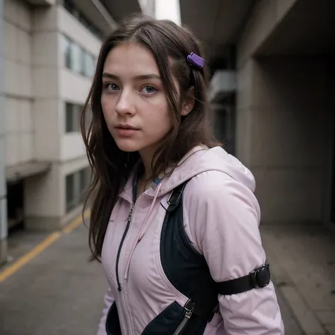 photo of a college student, purple pink, futuristic space suit, (freckle:0.8) cute face, science fiction, dystopia, delicate eye...