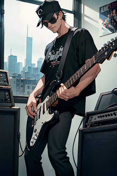 Male guitarist wearing all black, black t-shirt, black long pants, black sunglasses with a black cap and holding all black colour of Stratocaster guitar, guitar pedalboard effect, in a studio room with a town view from the window, DC comic art style